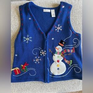 Blue Knit Vest with Snowman and Snowflake Embroidery